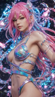 1girl,solo,long hair,breasts,looking at viewer,bangs,hair ornament,navel,brown eyes,medium breasts,swimsuit,pink hair,bikini,multicolored hair,parted lips,horns,pink eyes,blurry,lips,revealing clothes,realistic,hair between eyes,bare shoulders,closed mouth,choker,artist name,stomach,armor,sideboob,armlet,nose,bikini armor