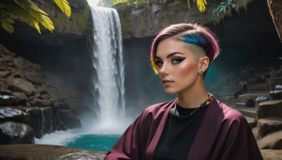 1girl,solo,looking at viewer,short hair,brown hair,shirt,black hair,brown eyes,jewelry,closed mouth,blue hair,jacket,upper body,pink hair,multicolored hair,earrings,outdoors,water,necklace,black eyes,two-tone hair,lips,black shirt,makeup,piercing,ear piercing,eyeshadow,nose,eyeliner,very short hair,undercut,waterfall,purple hair,eyelashes,leaf,rock,realistic,purple jacket,mascara