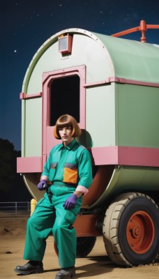 1girl,solo,looking at viewer,short hair,brown hair,gloves,1boy,brown eyes,male focus,boots,outdoors,sky,black footwear,night,shadow,bob cut,ground vehicle,star (sky),motor vehicle,science fiction,realistic,jumpsuit,bangs,full body,shoes,pants,blunt bangs,night sky,starry sky,aircraft,purple gloves,tire