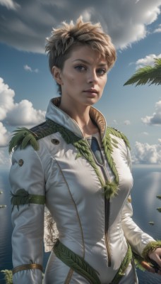 1girl,solo,breasts,looking at viewer,short hair,blue eyes,blonde hair,long sleeves,medium breasts,standing,cowboy shot,outdoors,parted lips,sky,day,artist name,cloud,water,mole,tree,blue sky,lips,mole under eye,bodysuit,ocean,leaf,cloudy sky,plant,zipper,freckles,realistic,nose,palm tree,horizon,white bodysuit,dirty,uniform