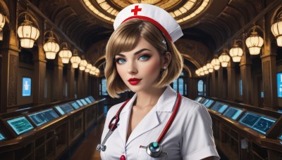 1girl,solo,breasts,looking at viewer,smile,short hair,bangs,blue eyes,blonde hair,brown hair,hair ornament,hat,jewelry,upper body,short sleeves,earrings,parted lips,indoors,lips,dutch angle,makeup,swept bangs,bob cut,cross,lipstick,nose,nurse cap,red lips,nurse,ceiling,stethoscope,ceiling light,cleavage,medium breasts,closed mouth,collarbone,hairclip,eyelashes,buttons,eyeshadow,lantern,pink lips,realistic,eyeliner,mascara,lights