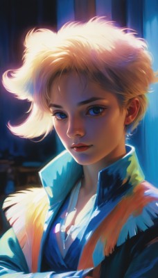 1girl,solo,looking at viewer,smile,short hair,blue eyes,blonde hair,jewelry,closed mouth,jacket,upper body,earrings,lips,eyelashes,makeup,crossed arms,lipstick,nose,red lips,stud earrings,very short hair,necklace,portrait,backlighting,high collar