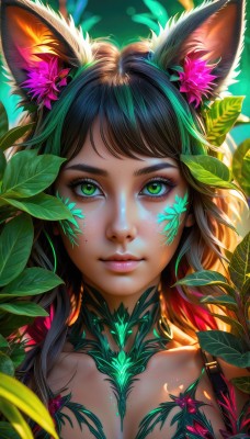 1girl,solo,long hair,breasts,looking at viewer,smile,bangs,brown hair,black hair,hair ornament,animal ears,cleavage,closed mouth,green eyes,collarbone,upper body,flower,multicolored hair,artist name,cat ears,hair flower,dark skin,mole,dark-skinned female,lips,animal ear fluff,fox ears,eyelashes,mole under eye,makeup,glowing,leaf,watermark,facial mark,plant,lipstick,slit pupils,portrait,web address,close-up,eyeshadow,freckles,pink lips,realistic,nose,eyeliner,mascara,green hair,mole under mouth