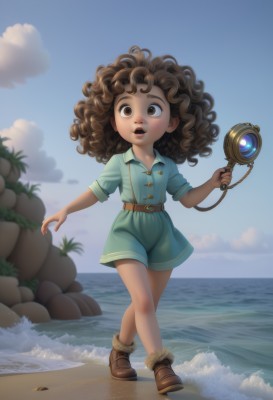 1girl,solo,long hair,looking at viewer,open mouth,brown hair,dress,holding,brown eyes,standing,full body,short sleeves,boots,outdoors,sky,shorts,day,belt,cloud,dark skin,water,dark-skinned female,tree,blue sky,lips,blue dress,ocean,beach,brown footwear,cloudy sky,child,walking,curly hair,rock,sand,palm tree,horizon,female child,brown belt,very dark skin,teeth,bird,watermark,messy hair,web address,waves