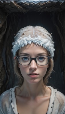 1girl,solo,breasts,looking at viewer,short hair,blue eyes,blonde hair,brown hair,cleavage,collarbone,upper body,parted lips,glasses,tree,lips,portrait,nature,freckles,black-framed eyewear,realistic,nose,head wreath,blush,hat,see-through,eyelashes,bug,snow,beanie