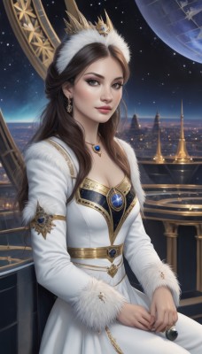 1girl,solo,long hair,breasts,looking at viewer,smile,brown hair,long sleeves,dress,cleavage,brown eyes,jewelry,medium breasts,sitting,earrings,sky,necklace,white dress,lips,coat,fur trim,makeup,night,ring,tiara,crown,gem,star (sky),night sky,pendant,starry sky,gold trim,city,white coat,cityscape,space,planet,earth (planet),realistic