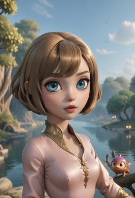 1girl,solo,breasts,looking at viewer,short hair,bangs,blue eyes,brown hair,shirt,long sleeves,white shirt,upper body,small breasts,outdoors,parted lips,sky,day,artist name,cloud,water,blurry,tree,blue sky,lips,eyelashes,makeup,depth of field,blurry background,swept bangs,animal,bob cut,nature,freckles,nose,red lips,river,lake,closed mouth,bird,watermark,fish,pond