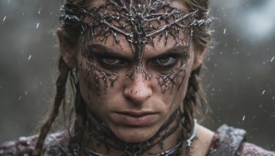 1girl,solo,long hair,looking at viewer,brown hair,brown eyes,jewelry,closed mouth,braid,choker,necklace,blurry,lips,depth of field,blurry background,portrait,snow,freckles,snowing,realistic,1boy,male focus,blood,scar,scar on face,close-up,serious,blood on face