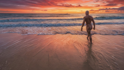 solo, long hair, 1boy, ass, male focus, nude, outdoors, sky, cloud, water, from behind, completely nude, dutch angle, muscular, ocean, back, beach, walking, sunset, sand, horizon, facing away, waves