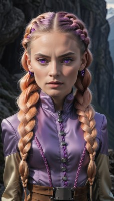 1girl,solo,long hair,breasts,looking at viewer,blonde hair,brown hair,shirt,long sleeves,jewelry,closed mouth,purple eyes,upper body,purple hair,braid,multicolored hair,earrings,belt,artist name,signature,blurry,twin braids,two-tone hair,lips,eyelashes,makeup,blurry background,hair over shoulder,forehead,buckle,belt buckle,realistic,nose,purple shirt,brown belt,mascara,multiple braids,bangs,hair ornament,twintails,pink hair,outdoors,shiny,sunlight