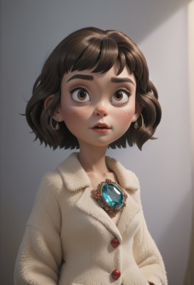 1girl,solo,looking at viewer,blush,short hair,bangs,brown hair,shirt,long sleeves,brown eyes,jewelry,upper body,earrings,parted lips,grey background,necklace,mole,lips,coat,eyelashes,makeup,buttons,thick eyebrows,looking up,lipstick,brooch,gem,freckles,nose,hands in pockets,red lips,jacket,realistic