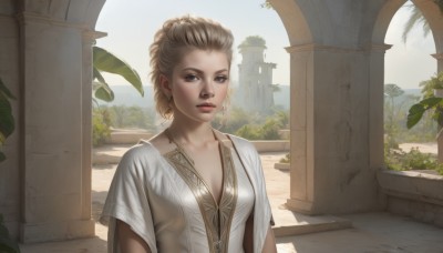 1girl,solo,breasts,looking at viewer,short hair,blue eyes,blonde hair,brown hair,dress,cleavage,brown eyes,jewelry,medium breasts,collarbone,upper body,short sleeves,earrings,small breasts,outdoors,sky,day,white dress,tree,lips,plant,building,realistic,nose,pillar,arch,column,parted lips,necklace,curly hair