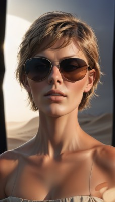 1girl,solo,breasts,looking at viewer,short hair,blonde hair,brown hair,cleavage,bare shoulders,medium breasts,collarbone,upper body,parted lips,one eye closed,teeth,blurry,lips,piercing,sunglasses,portrait,realistic,nose,spaghetti strap,aviator sunglasses,blue eyes,artist name,tattoo,ear piercing,backlighting,shade,nose piercing