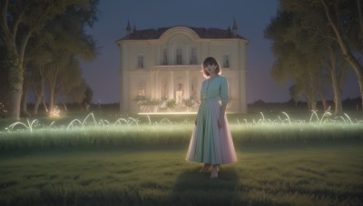 1girl,solo,looking at viewer,smile,short hair,bangs,brown hair,black hair,gloves,long sleeves,dress,brown eyes,jewelry,standing,outdoors,sky,barefoot,tree,night,blue dress,brown footwear,grass,plant,building,night sky,scenery,green dress,long dress,house,wide shot