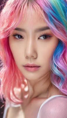 1girl,solo,long hair,bangs,brown eyes,closed mouth,blue hair,collarbone,upper body,pink hair,multicolored hair,blurry,black eyes,two-tone hair,lips,looking to the side,eyelashes,makeup,depth of field,watermark,looking away,portrait,web address,close-up,realistic,nose,rainbow hair,looking at viewer,blue eyes,artist name,streaked hair,wavy hair