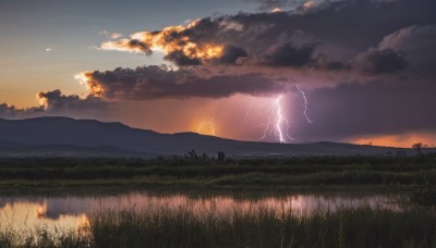 outdoors,sky,cloud,water,tree,no humans,cloudy sky,grass,nature,scenery,forest,reflection,sunset,mountain,electricity,lightning,landscape,mountainous horizon,horizon,river,lake,hill