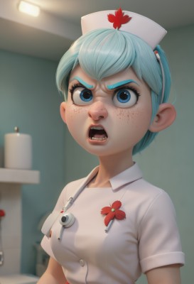 1girl,solo,breasts,looking at viewer,short hair,open mouth,bangs,blue eyes,shirt,hat,medium breasts,blue hair,white shirt,upper body,short sleeves,small breasts,teeth,indoors,blurry,aqua hair,depth of field,blurry background,freckles,nurse cap,nurse,stethoscope,red cross,artist name,eyelashes,leaf,angry,realistic