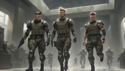 short hair,blonde hair,brown hair,black hair,gloves,holding,standing,full body,weapon,pink hair,male focus,multicolored hair,boots,multiple boys,pants,indoors,dark skin,holding weapon,armor,vest,gun,military,window,tattoo,muscular,facial hair,scar,dark-skinned male,plant,muscular male,spiked hair,shoulder armor,holding gun,rifle,beard,scar on face,handgun,walking,6+boys,scar across eye,assault rifle,5boys,knee pads,very short hair,undercut,shoulder pads,elbow pads,mohawk,bulletproof vest,closed mouth,horns,uniform,military uniform,helmet,box,science fiction,running,realistic,soldier