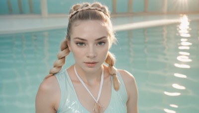 1girl,solo,long hair,breasts,looking at viewer,blue eyes,blonde hair,brown hair,bare shoulders,closed mouth,collarbone,swimsuit,upper body,braid,water,blurry,twin braids,lips,wet,one-piece swimsuit,grey eyes,blurry background,sunlight,forehead,freckles,realistic,nose,pool,poolside,smile,bikini