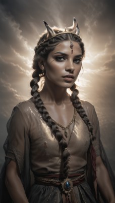 1girl,solo,long hair,breasts,looking at viewer,black hair,dress,jewelry,upper body,braid,short sleeves,earrings,small breasts,parted lips,horns,sky,cloud,dark skin,necklace,black eyes,twin braids,dark-skinned female,lips,see-through,grey eyes,sash,scar,cloudy sky,tiara,gem,freckles,realistic,nose,artist name,facial mark,forehead jewel