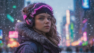 1girl, solo, long hair, looking at viewer, blue eyes, brown hair, jacket, upper body, outdoors, parted lips, blurry, lips, coat, fur trim, depth of field, blurry background, headphones, snow, freckles, snowing, realistic, nose, winter clothes