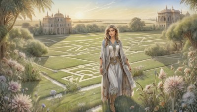 1girl,solo,long hair,looking at viewer,smile,blonde hair,brown hair,dress,brown eyes,jewelry,standing,flower,outdoors,sky,day,cloud,white dress,bracelet,tree,sandals,sunlight,grass,white flower,building,scenery,walking,robe,mountain,fantasy,arms at sides,sun,road,field,house,castle,path,boots,belt,necklace