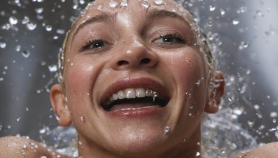 1girl,solo,looking at viewer,smile,open mouth,blonde hair,1boy,male focus,teeth,water,blurry,black eyes,lips,wet,blurry background,upper teeth only,portrait,freckles,realistic,nose,grey background,close-up,water drop