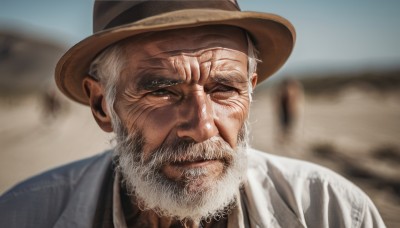 solo,looking at viewer,shirt,1boy,hat,closed mouth,white shirt,upper body,white hair,grey hair,male focus,outdoors,one eye closed,day,blurry,blurry background,facial hair,portrait,beard,mature male,realistic,mustache,brown headwear,manly,old,old man,cowboy hat,desert,wrinkled skin,jacket,sky,lips,grey eyes,depth of field,scar,parody,scar on face,close-up,scar across eye