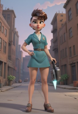 1girl,solo,looking at viewer,short hair,skirt,brown hair,dress,holding,brown eyes,jewelry,standing,full body,weapon,short sleeves,earrings,outdoors,sky,shoes,day,belt,artist name,cloud,dark skin,necklace,holding weapon,high heels,dark-skinned female,blue sky,lips,hand on hip,gun,makeup,buttons,blue dress,brown footwear,short dress,thick eyebrows,lipstick,building,child,holding gun,city,red lips,female child,stud earrings,parted lips,plant,green dress,potted plant,house,aqua dress