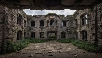 outdoors,sky,day,cloud,tree,no humans,window,cloudy sky,grass,plant,building,scenery,door,ruins,arch,moss,overgrown,broken window,rock,road,bush,wall,architecture,pillar,path,stone