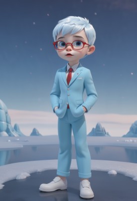 solo,looking at viewer,short hair,blue eyes,shirt,1boy,standing,jacket,full body,white shirt,white hair,male focus,outdoors,parted lips,necktie,sky,shoes,glasses,collared shirt,pants,makeup,formal,white footwear,suit,lipstick,red necktie,child,personification,red-framed eyewear,hands in pockets,blue pants,red lips,1girl,open mouth,snow,mountain