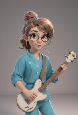 1girl,solo,looking at viewer,blush,smile,bangs,simple background,brown hair,shirt,holding,brown eyes,jewelry,closed mouth,standing,ponytail,cowboy shot,earrings,glasses,pants,grey background,hair bun,lips,buttons,single hair bun,blue shirt,instrument,child,freckles,black-framed eyewear,pajamas,round eyewear,music,blue pants,guitar,female child,playing instrument,holding instrument,short hair,electric guitar