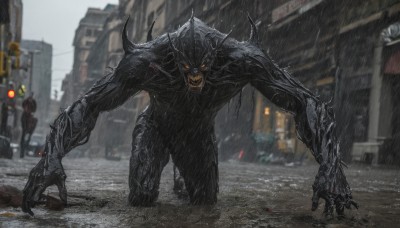 looking at viewer,open mouth,1boy,outdoors,horns,teeth,blurry,orange eyes,no humans,blurry background,glowing,robot,sharp teeth,ground vehicle,building,glowing eyes,motor vehicle,claws,spikes,science fiction,rain,monster,city,car,road,street,traffic light,kaijuu,solo,red eyes,sky,giant,alien