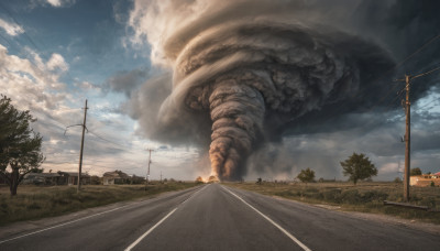 outdoors, sky, cloud, tree, no humans, cloudy sky, ground vehicle, scenery, motor vehicle, smoke, monster, road, power lines, street, utility pole