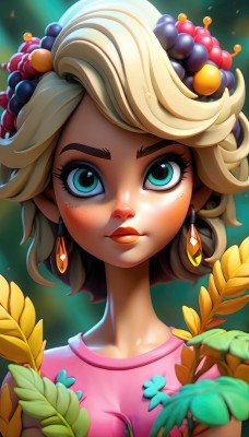 1girl,solo,looking at viewer,blush,short hair,blue eyes,blonde hair,shirt,hair ornament,jewelry,closed mouth,upper body,flower,earrings,food,artist name,blurry,aqua eyes,lips,eyelashes,makeup,fruit,leaf,plant,portrait,freckles,pink shirt,nose,grapes,bangs,depth of field,sunlight,orange (fruit),food on head