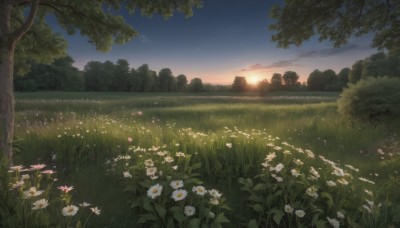 flower,outdoors,sky,cloud,tree,no humans,sunlight,grass,plant,white flower,star (sky),nature,scenery,forest,sunset,sun,field,twilight,flower field,evening,gradient sky,blue sky,bush,landscape,sunrise