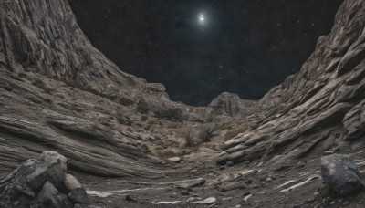 solo,1boy,outdoors,sky,water,no humans,night,moon,star (sky),night sky,scenery,snow,starry sky,rock,mountain,sand,desert,landscape