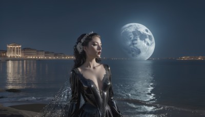 1girl,solo,long hair,breasts,black hair,hair ornament,dress,cleavage,medium breasts,collarbone,upper body,flower,outdoors,sky,hair flower,water,black eyes,black dress,lips,looking to the side,makeup,night,ocean,looking away,moon,lipstick,night sky,scenery,full moon,reflection,realistic,horizon,red lips,waves,lake,moonlight,plunging neckline,long sleeves,small breasts,looking afar,river