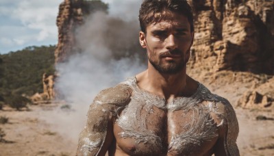 solo,short hair,brown hair,black hair,1boy,closed mouth,nipples,closed eyes,upper body,male focus,nude,outdoors,day,blurry,tattoo,muscular,blurry background,facial hair,pectorals,muscular male,bara,beard,large pectorals,mature male,realistic,mustache,manly,chest hair,photo background,looking at viewer,sky,cloud,dark skin,dark-skinned male,sand,desert