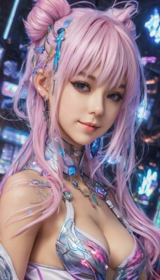 1girl,solo,long hair,breasts,looking at viewer,smile,bangs,blue eyes,hair ornament,cleavage,bare shoulders,jewelry,medium breasts,closed mouth,upper body,pink hair,earrings,necklace,hair bun,blurry,lips,double bun,blurry background,piercing,cross,ear piercing,realistic,artist name