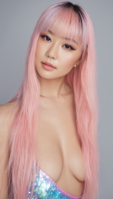 1girl,solo,long hair,breasts,looking at viewer,bangs,simple background,black hair,medium breasts,collarbone,upper body,pink hair,multicolored hair,small breasts,parted lips,blunt bangs,grey background,black eyes,two-tone hair,lips,head tilt,makeup,breasts apart,realistic,nose,hair censor,hair over breasts,topless