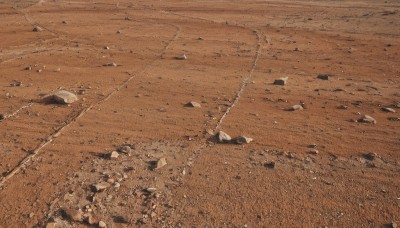 monochrome,outdoors,water,no humans,from above,traditional media,scenery,rock,sepia,fishing rod,brown theme,sand,road,photo background,desert