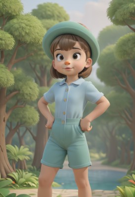 1girl,solo,looking at viewer,smile,short hair,bangs,brown hair,shirt,hat,brown eyes,closed mouth,standing,short sleeves,outdoors,sky,shorts,day,collared shirt,water,blurry,tree,feet out of frame,thick eyebrows,blue shirt,child,nature,forest,blue shorts,hands on hips,green headwear,female child,male child,green shorts,1boy,male focus