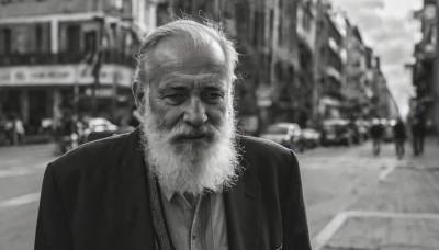 solo,looking at viewer,shirt,1boy,jacket,monochrome,upper body,greyscale,male focus,outdoors,necktie,blurry,blurry background,facial hair,formal,sunglasses,suit,ground vehicle,motor vehicle,beard,city,realistic,mustache,car,old,old man,long sleeves,closed mouth,solo focus,collared shirt,signature,vest,depth of field,scar,parody,building,scar on face,scar across eye,road,street,photo background,wrinkled skin