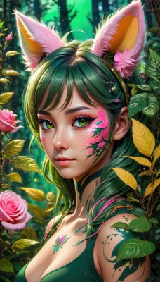 1girl,solo,long hair,breasts,looking at viewer,blush,bangs,hair ornament,animal ears,cleavage,bare shoulders,jewelry,medium breasts,closed mouth,green eyes,collarbone,upper body,flower,multicolored hair,hairband,outdoors,green hair,artist name,cat ears,necklace,blurry,from side,tree,lips,animal ear fluff,fox ears,eyelashes,tattoo,makeup,blurry background,fake animal ears,rose,leaf,watermark,facial mark,piercing,plant,lipstick,nature,web address,pink flower,eyeshadow,forest,freckles,pink lips,nose,eyeliner,bush,facepaint,vines,pink rose,mascara,dress,sleeveless,hairclip,signature,sleeveless dress,gem,hair over shoulder,extra ears,green dress,green shirt