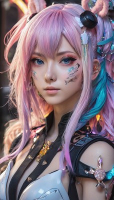 1girl,solo,long hair,breasts,looking at viewer,bangs,blue eyes,hair ornament,animal ears,cleavage,jewelry,medium breasts,closed mouth,upper body,pink hair,multicolored hair,earrings,necklace,rabbit ears,blurry,lips,eyelashes,tattoo,makeup,blurry background,facial mark,piercing,ear piercing,portrait,eyeshadow,nose,eyeliner,mascara,mechanical ears,blue hair,artist name,two-tone hair,feathers,armlet,feather hair ornament