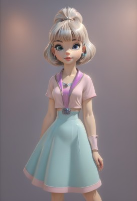 1girl,solo,breasts,looking at viewer,smile,short hair,bangs,blue eyes,skirt,blonde hair,shirt,jewelry,closed mouth,standing,short sleeves,earrings,small breasts,belt,bracelet,lips,blue skirt,see-through,wrist cuffs,makeup,lipstick,wristband,pink shirt,arms at sides,red lips,aqua skirt,dress,white hair