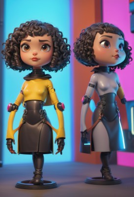 1girl,breasts,looking at viewer,short hair,brown hair,black hair,dress,brown eyes,standing,full body,small breasts,dark skin,dark-skinned female,lips,covered navel,multiple views,blurry background,robot,science fiction,curly hair,android,joints,cyborg,robot joints,very dark skin,cyberpunk,solo,skirt,makeup,lipstick,no nipples