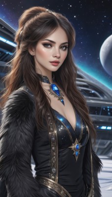 1girl,solo,long hair,breasts,looking at viewer,brown hair,dress,cleavage,brown eyes,jewelry,medium breasts,upper body,ponytail,parted lips,sky,choker,necklace,black dress,lips,makeup,night,moon,lipstick,gem,star (sky),night sky,pendant,starry sky,realistic,nose,red lips,space,planet,bangs,earrings,artist name,parted bangs,black choker,eyeshadow