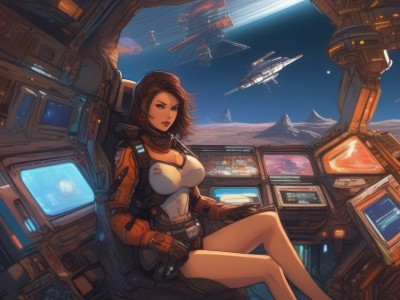 1girl,solo,breasts,looking at viewer,smile,short hair,blue eyes,large breasts,brown hair,gloves,cleavage,brown eyes,medium breasts,sitting,sky,belt,dark skin,medium hair,dark-skinned female,lips,bodysuit,makeup,crossed legs,lipstick,star (sky),science fiction,mountain,aircraft,red lips,pilot suit,space,monitor,planet,spacecraft,spacesuit,cockpit,screen,holographic interface,pilot,parted lips,signature,bare legs,feet out of frame,brown gloves,headset,realistic,alien,hologram